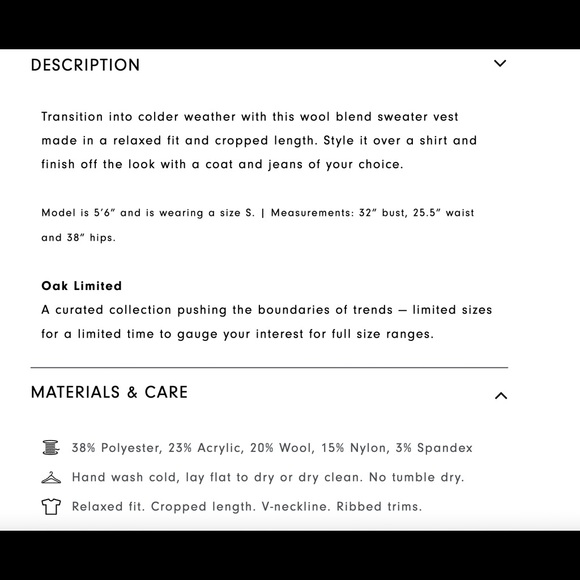 NWOT Oak & Fort Cropped Wool Vest - Picture 4 of 4